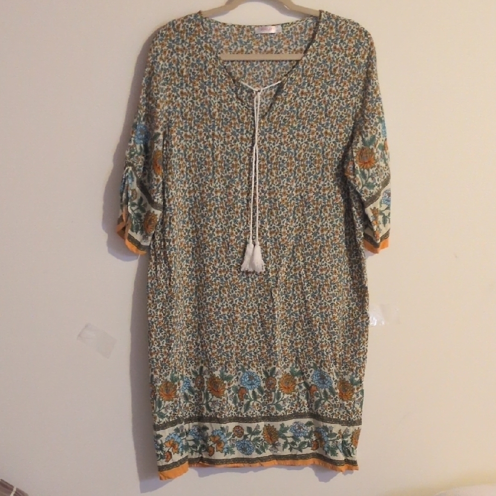 Alife Cream and Brown 3/4 Sleeve Tie Front Tunic